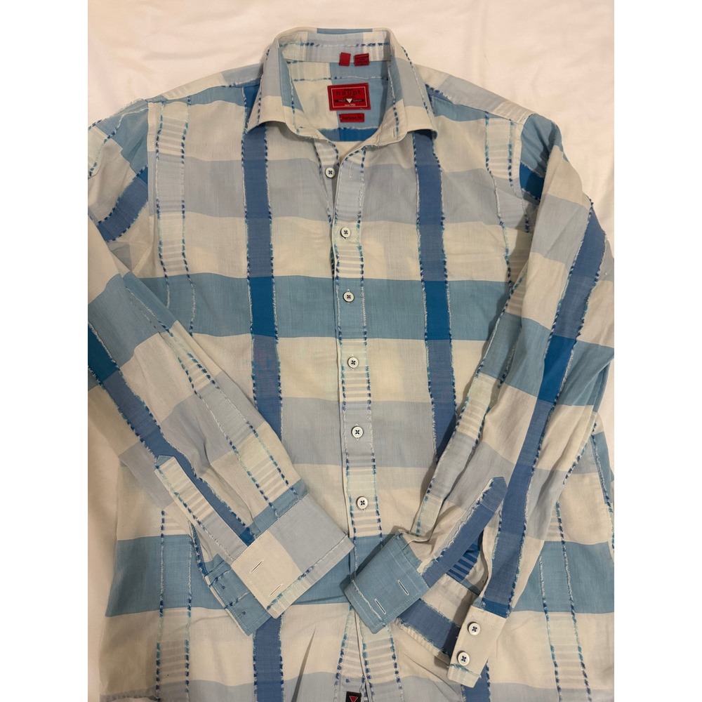 Haupt Germany Mens Blue White Check Textured Fashion Fit Button Down Shirt L